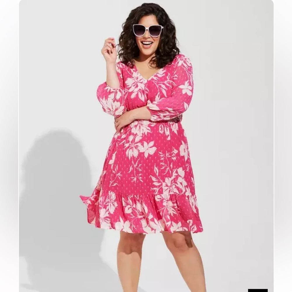 Torrid 2 Mini swiss Dot Babydoll floral fuschia flowy Dress
